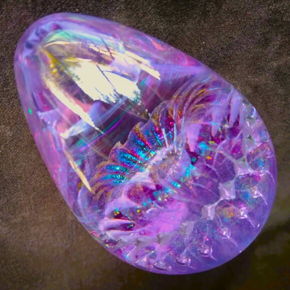 Pink/Purple Delicately Controlled Bubble Iridescent Flake Egg Shaped Art Glass - Picture 6 of 7